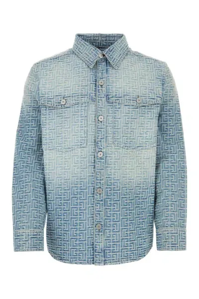 Balmain Embroidered Denim Shirt In Blue