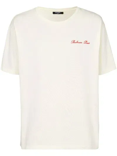 Balmain Logo-embroidered Cotton T-shirt In Beige