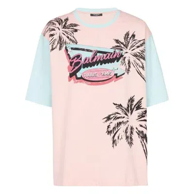 Balmain Miami-print Cotton T-shirt In Pink