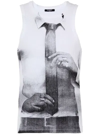 Balmain Tie Print Tank Top In White