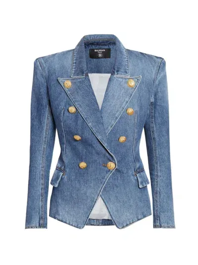 Balmain Double-breasted Denim Blazer In Blue Jean