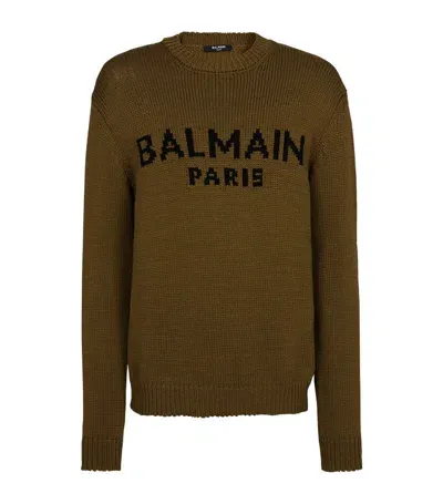 Balmain Wool Logo Sweater In Khaki/black