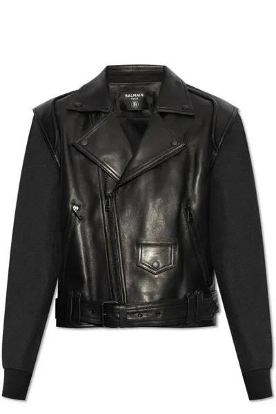 Balmain Zip Detailed Leather Jacket In Black