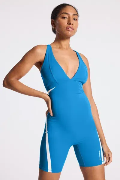 Bandier V-neck Plunge Contrast Short Catsuit In French Blue,white