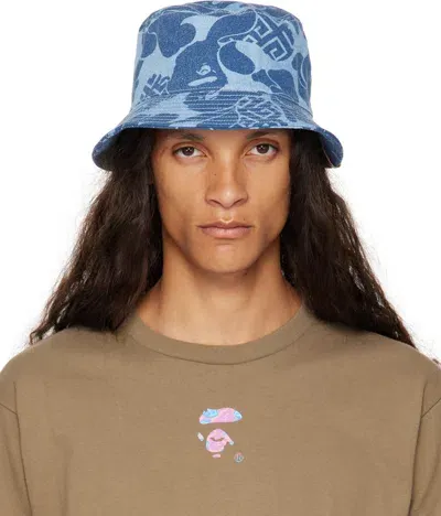 Bape Blue Camo Denim Bucket Hat In Indigo