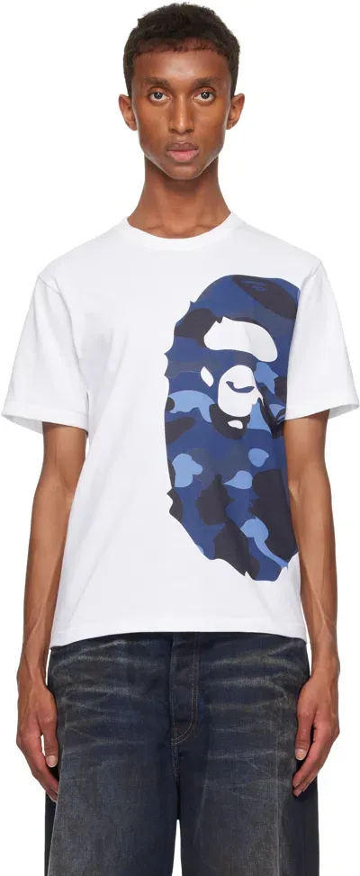 Bape White & Navy Color Camo Side Big Ape Head T-shirt In White X Navy