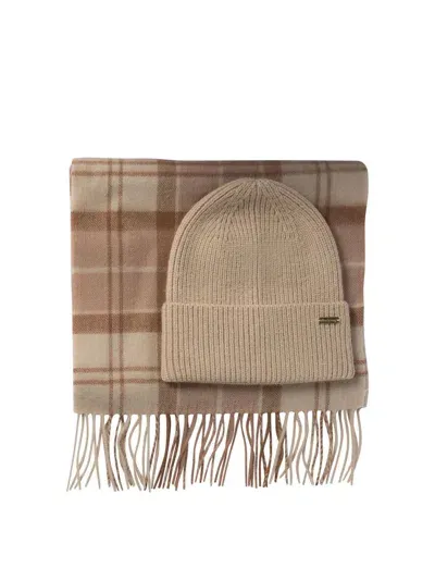 Barbour "aubrey" Scarf And Beanie Gift Set In Beige