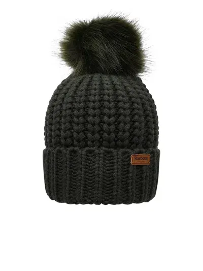 Barbour Logo Patch Chunky Knit Beanie In Green