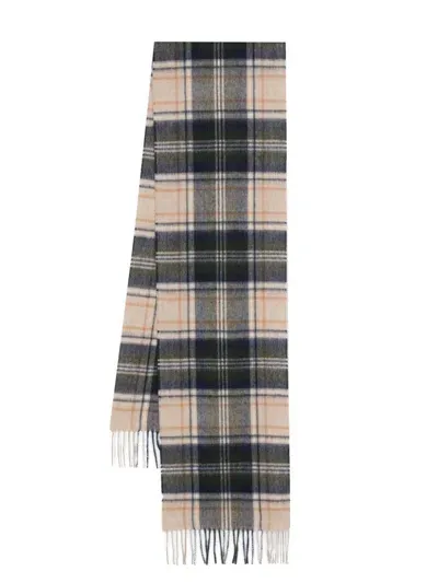 Barbour Tartan-pattern Fringed Scarf In Beige