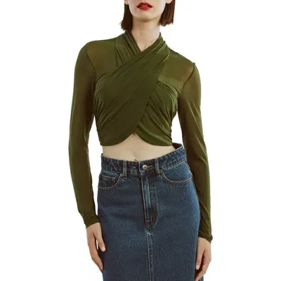 Bardot Aliyah Long Sleeve Crop Top In Green