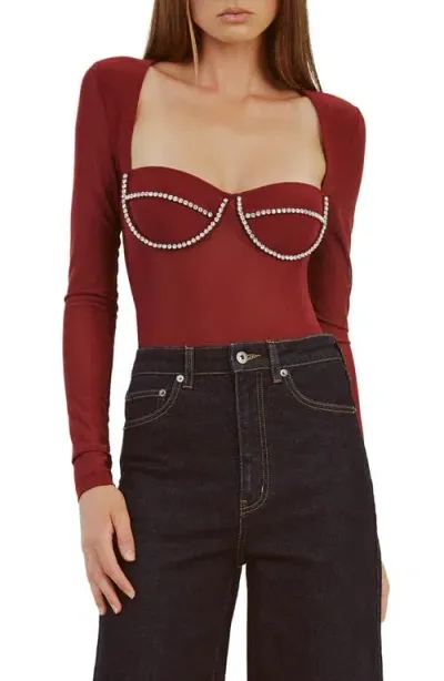 Bardot Carter Diamante Mesh Bodysuit In Burgundy