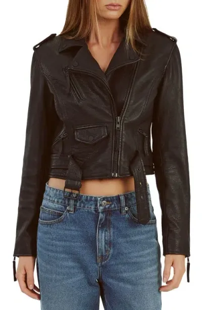 Bardot Crop Leather Moto Jacket In Black