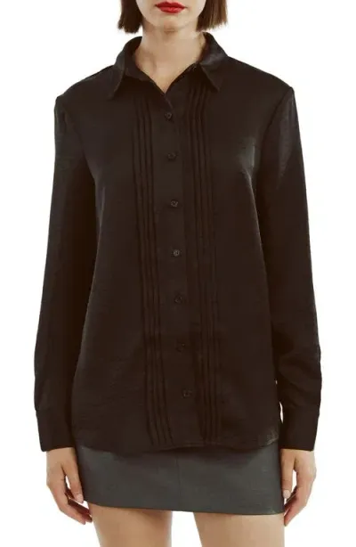 Bardot Dinah Pintuck Satin Button-up Shirt In Black