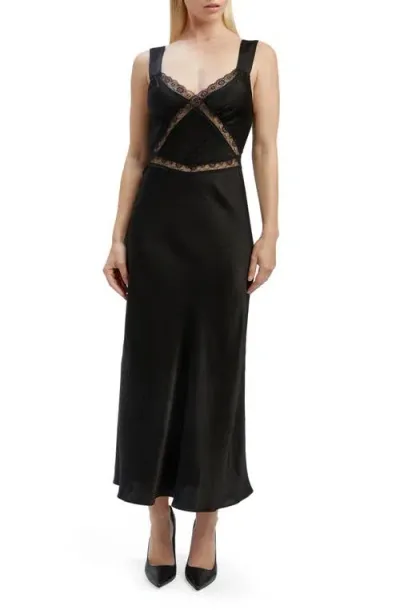 Bardot Emory Lace Trim Cutout Satin Midi Slipdress In Black