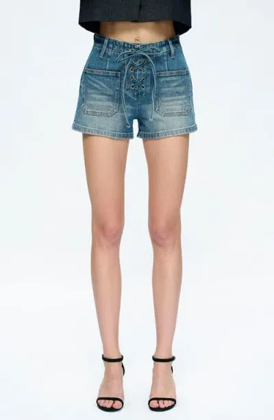 Bayeas Maya Lace-up High Waist Denim Shorts In Turquoise