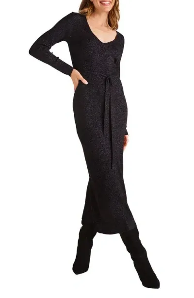 Bella Dahl Metallic Long Sleeve Tie Waist Sweater Dress In Black With Metallic