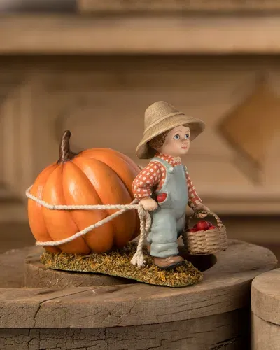 Bethany Lowe Paulie Pulling Pumpkin Figurine In Brown, Orange, Blue, And Red