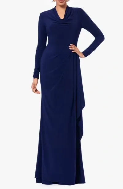 Betsy & Adam Women's Cowlneck Draped Long-sleeve Gown In Navy