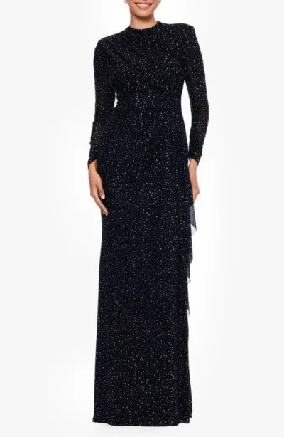 Betsy & Adam Rhinestone Long Sleeve Stretch Gown In Black/crystal