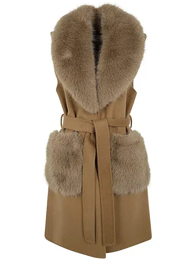 Betta Corradi Waistcoat Fur Neck And Pockets In Nude & Neutrals