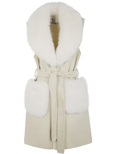 Betta Corradi Waistcoat Fur Neck And Pockets In Nude & Neutrals