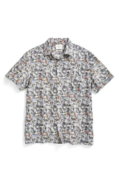 Billy Reid Crab Print Short Sleeve Linen Button-up Shirt In Dark Navy/multi