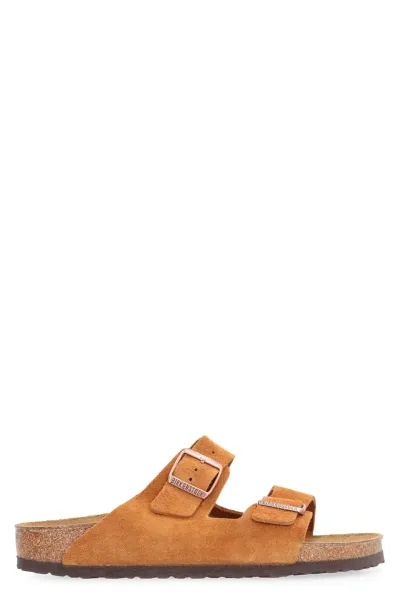 Birkenstock Arizona Bs Leather Slides With Buckle In Brown