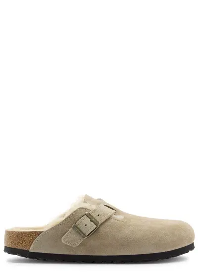 Birkenstock Boston Shearling-lined Suede Sliders In Taupe