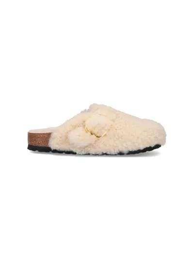 Birkenstock Boston Buckle Shearling Mules In White