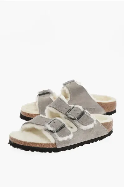 Birkenstock Suede Arizona Shearling Sandals With Fur Lining In Gray