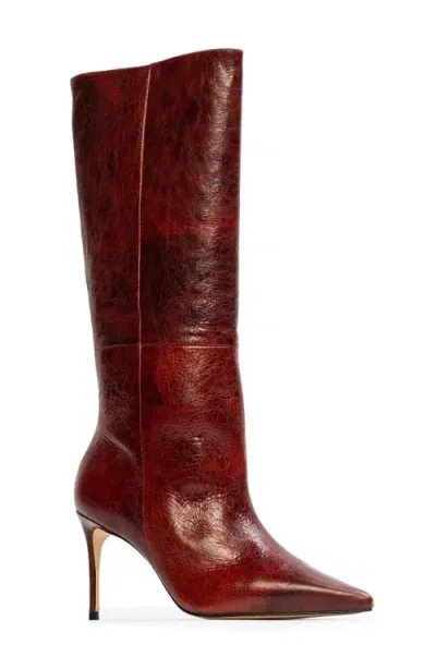 Black Suede Studio Friday 80 Pointed Toe Knee High Boot In Rust Crinkled Patent Leather