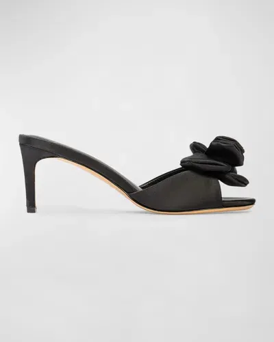 Black Suede Studio Josey Metallic Satin Rosette Mule Sandals In Black Satin/black Flower