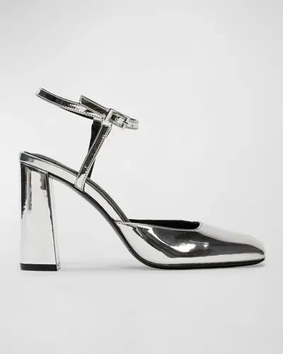 Black Suede Studio Meadow Metallic Ankle-strap Pumps In Silver Mirror Metallic