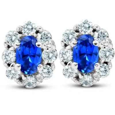 Bliss Diamond 3.10 Ct Blue Sapphire & Diamond Halo Studs 14k Gold Lab Grown In 14k White Gold