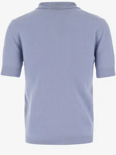 Blumarine Cashmere And Wool Polo Shirt With Rhinestones In Clear Blue