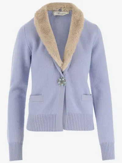 Blumarine Wool Blend Cardigan With Faux Fur Collar In Clear Blue