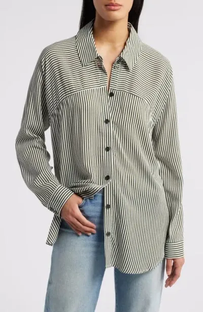 Bobeau Stripe Button-up Tunic In Ivory/olive Stripe