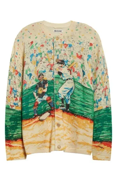 Bode Slugger Crystal Embellished Merino Wool Cardigan In Beige Multicolor