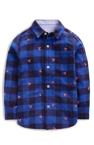 Boden Mini  Kids' Check Embroidered Cotton Flannel Shirt In Sapphire Blue Toadstool