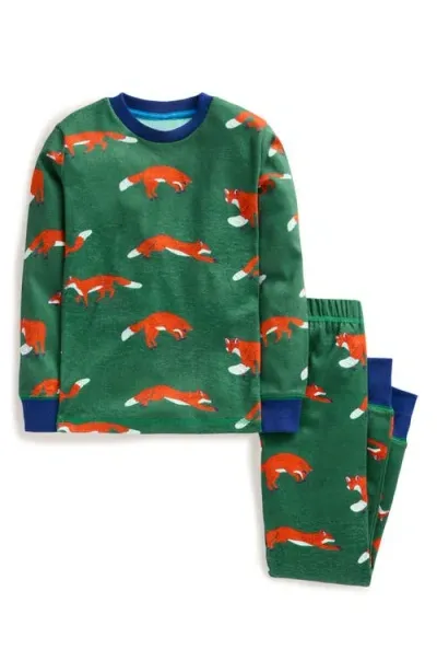 Boden Mini  Kids' Print Fitted Two-piece Cotton Pajamas In Green Foxes