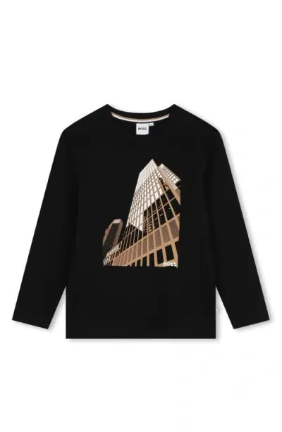 Bosswear Boss Kidswear Kids' Long Sleeve Logo Cotton Graphic T-shirt In Black