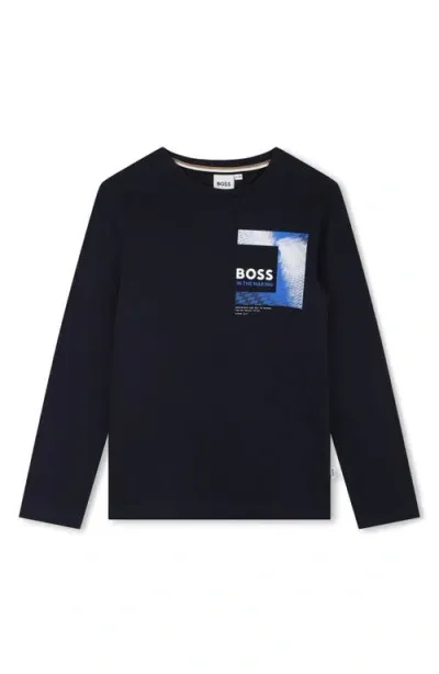 Bosswear Boss Kidswear Kids' Long Sleeve Logo Cotton Graphic T-shirt In Navy