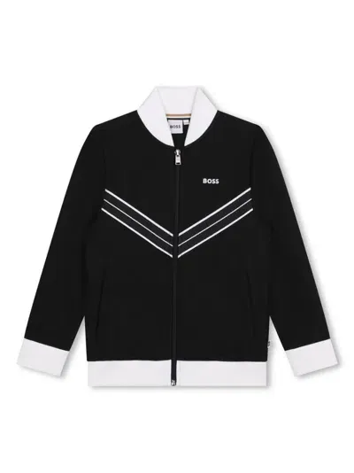 Bosswear Kids' Striped Appliqué Zipped Cardigan In 黑色