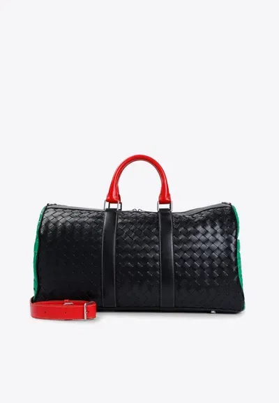 Bottega Veneta Boston Duffle Bag In Intrecciato Leather In Black