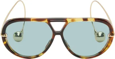 Bottega Veneta Brown Drop Aviator Sunglasses In Havana-gold-green