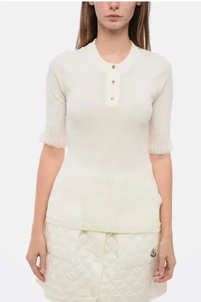 Bottega Veneta Buttoned Neck T-shirt With Ruffled Sleeves In Neutral