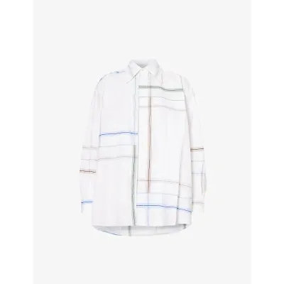 Bottega Veneta Womens White Blue Green Tau Checked Dropped-shoulder Relaxed-fit Cotton Shirt