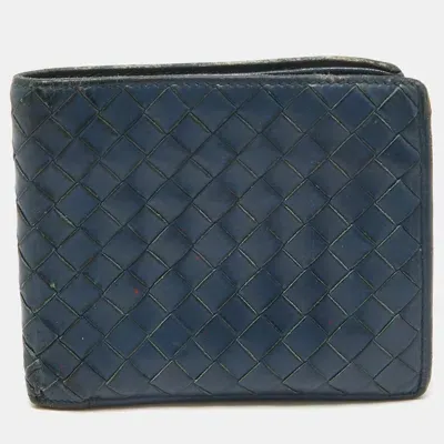 Pre-owned Bottega Veneta Dark Blue Intrecciato Leather Bifold Wallet