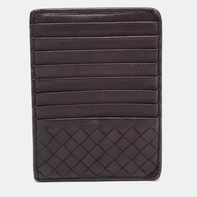 Pre-owned Bottega Veneta Dark Burgundy Intrecciato Leather Zip Card Holder