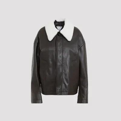 Bottega Veneta Leather Shearling Bomber Jacket In Black